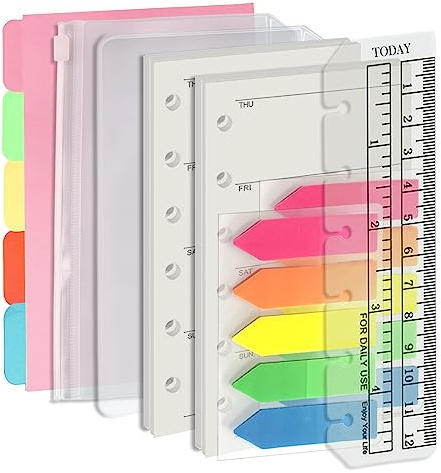 Harphia A7 6 Holes Binder Refill Value Set,90sheets weekly plan loose leaf paper with sticker and divider,week planner inserts with binder pockets for A7 binder 6 hole refillable notebook,005dA7week