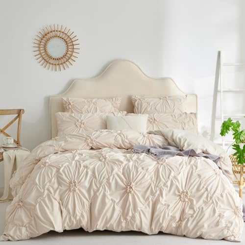 Freyamy Bettwäsche 135x200 Beige Pintuck Plisseefalten Blumen BettwäscheSet | Pinch Pleat Bettwäsche Aesthetic, 2 teilig Mädchen, Microfaser ÖKO-TEX Bettbezug mit Reißverschluss und 1 Kissenbezug 80x80cm