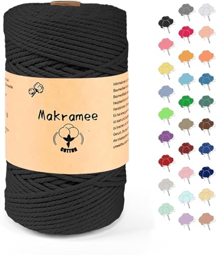 Uvolo 3mm x 200m Makramee Garn, Baumwollgarn, Macrame Kordel für Basteln, Pflanzenbügel-Schwarz