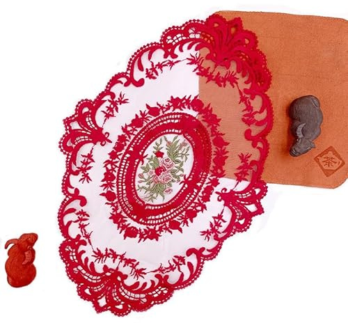 4 Stück Bestickte Tischmatte, 42*28CM Platzsets Spitze ovale Tischdecke mit Blumenmuster Spitzendeckchen Häkeldeckchen Vintage-Tassenmatte, Vasenmatte für Küche,Esszimmer,Party,Hochzeit -Rot