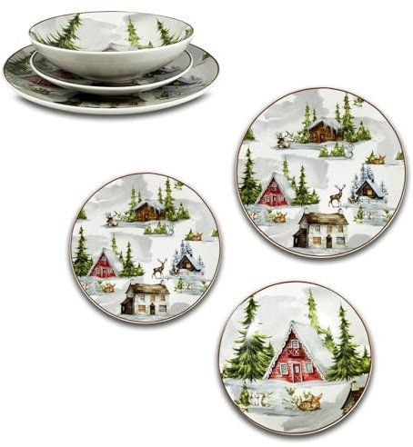 ARCA, Set di 18 Piatti in Porcellana, Servizio per 6 Persone, con Decorazione Natalizia Villaggio di Natale, Resistenti e Duraturi, Ideali per la Tavola, Idea Regalo Natale, in Diverse Misure