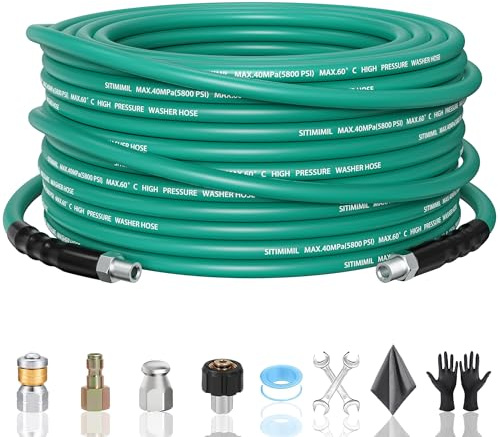 SITIMIMIL 25FT Sewer Jetter Kit for Pressure Washer,1/4‘’NPT Drain Cleaner Hose 5800PSI, with Adapter Corner Rotating Button Nose Sewer Jetting Nozzles Kit Pearl Corsage Pin Spanner Waterproof Tape