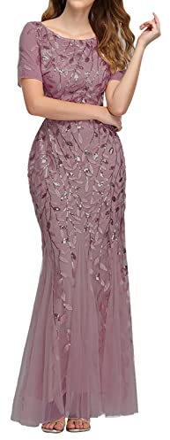 Abendkleid Damen Lang Elegant Glitzer - Rot Glitzerkleid Hochzeit Abendkleider Pailetten Cocktailkleid Große Größen Kleid Party Pailettenkleider Kurzarm Curvy Kleider Eng Ballkleid Frühling Sommer
