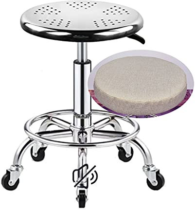 Robuster Hocker aus Edelstahl, rollbar, drehbar, höhenverstellbar, mit Sitzbezug aus Leinen, belastbar bis 200 kg, Metallhocker mit Fußstütze für Salon, Massage, Fabrikgrau1