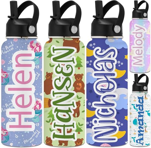 Botella personalizada para niños y adultos con tapa de pajilla de 12, 18, 24, 32, 40 onzas, agua personalizadas con nombre, botella deportiva de acero inoxidable aislada