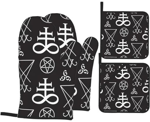 4 Pezzi Forno E Presine Guanti Sigil of Lucifer Satan Pentacle Occult Pentagram Symbols Guanti per Grigliare Morbida Guanti da Cucina Divertenti Guanti da Forno A Microonde per Grill, BBQ
