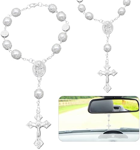 Rosenkranz Auto Kette,Autospiegel Anhänger,Glücksbringer Auto Zubehör,Rückspiegel Deko Innenraum,katholisch Kreuz Talisman Glücksbringer Dekoration,Car Accessories Interior,auto Anhänger für Spiegel