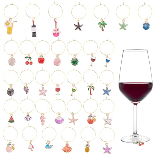 PLIGREAT 34 pcs breloques en verre à vin, breloques de vin de style plage pour verres à pied marqueurs de verre à vin Étiquettes pour dégustation de vin faveurs de fête décorations fête d’été