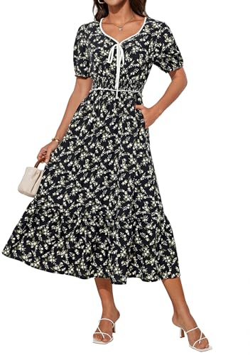 GRACE KARIN Women Summer Floral Dress Short Sleeve V Neck A-Linie Midi Dresses for Women UK