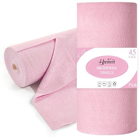 HONOVA Microfiber Cleaning Cloth Roll 45 Pack, 12''×12 Reusable Paper Towels, Tear Away Microfiber Towels, Highly Absorbent, All-Purpose Washable Cleaning Rags for Kitchen, Window, Car, Shop (Pink)