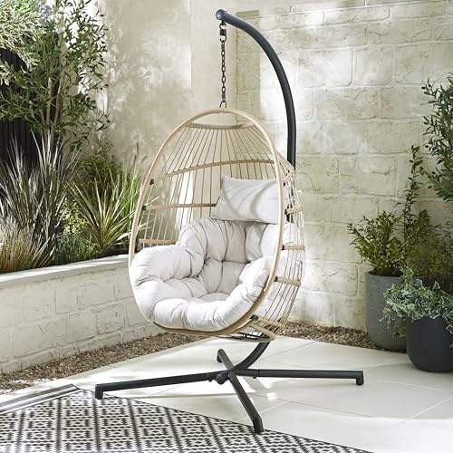 Furniturebox Rattan Hanging Egg Chair - Beige & Cream Cushions - Swing Seat, Free Cover, 82x110cm - Egg Collection
