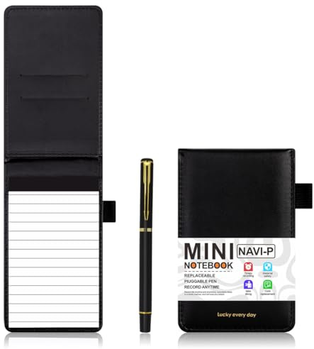 HABNI 1 Set A7 Notizblock Halter PU Leder Notizbuch mit 1 x Mini-Kugelschreiber, Einschubfach Blanko Block Abreißbar, A7 Notizblock für Schule, Büro, Konferenz(Schwarz)