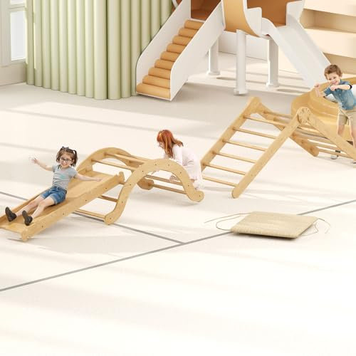 Youyijia 4-in-1 Indoor-Klettergerüst für Kleinkinder, Montessori-Klettergerüst-Set mit Holz-Kletterdreieck, Bogen, Rutsche und kurzem Kissen, faltbares Kletterspielzeug für Kinder