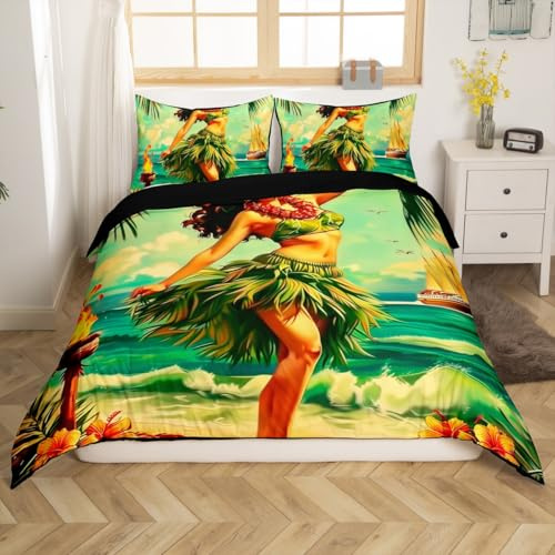 Erosebridal Tiki Bar Duvet Cover Hula Girl Hawaiian Beauty Bedding Set Tropical Palm Leaves Comforter Cover Summer Ocean Sailboat Quilt Cover Twin Size for Kids Boys Girls