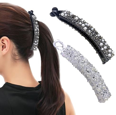 2 Stück Bananenspange Haare, Strass Perlen Banane Haarspangen, Bananenspange Clip Thin Hair Geeignet für Frauen, Mädchen (Schwarz + Silbrig)