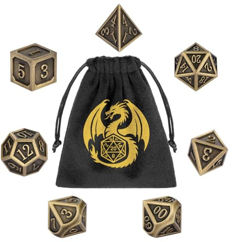 Metal Dice Set, 7pcs Polyhedral Metal DND Dice Set, DND Starter Set, D&D Gifts with Gift bag, Role Playing Board Games Accessories, Bronze