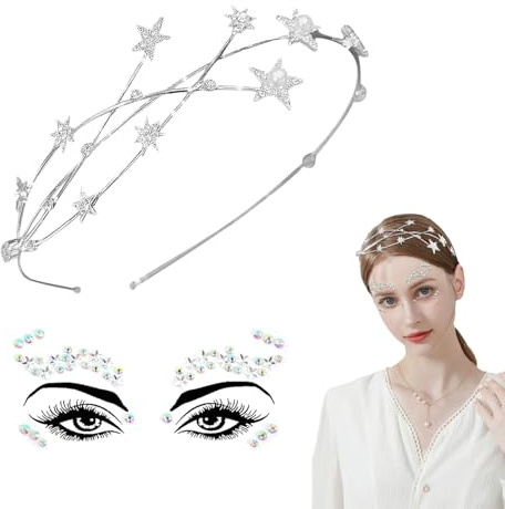 Bandeaux à Cheveux Doré,Bandeaux de Mariée avec Strass (Attachement 1 pièce Autocollant de Visage),Serre-Têtes à Strass,Serre Tete Mariage,Accessoires pour Cheveux Femme,Fille et mariage Argent
