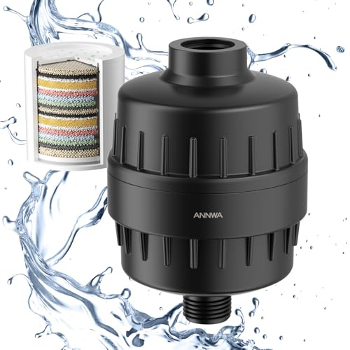 Filtre de Douche Universel, Purificateur d'Eau à 15 Étapes avec Vitamine C, Adoucisseur d'Eau Anti-Chlore et Métaux Lourds, Soin de la Peau et des Cheveux, Compatible avec G1/2'' de Douche