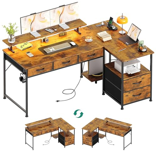 Flrrtenv 140cm Large Computer Desk with 5 Fabric Drawers, Home Office Work Desk with Power Outlets & Monitor Stand, L Shaped Gaming Desk with CPU Stand, Reversible Wooden Corner Desk, Rustic Brown