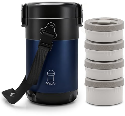 KATLKIU Termo para Comida Caliente 2.6L, con 4 Compartimentos Separados, Fiambrera Térmica para Comida Caliente, Con Cubiertos y Bolsa Térmica, Ideal para Trabajo, Estudiantes y Trabajadores(Azul)