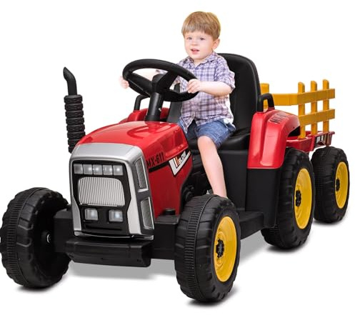 Coche eléctrico de 12 V para niños, coche eléctrico 2 en 1 con remolque para niños a partir de 3 años, 2 modos de conducción, 3 velocidades, control remoto, luces LED, música USB, rojo