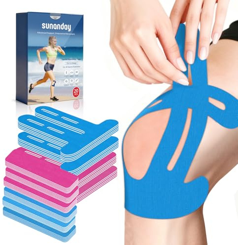 20 PCS Waterproof Kinesiology Tape for Shoulders/Knees,Precut Strips for Knee Pain Relief & Stability Support, Latex-Free Hypoallergenic Sports Athletic Tape (Blue and Pink)
