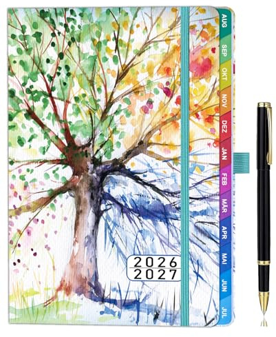 ZXHQ Schulplaner 2026–2027, 100g/m2, A5, Terminplaner 26-27 mit Monatsübersicht, Hardcover, Innentasche, 208 Seiten, 16,5 x 22 cm, Baum des Lebens