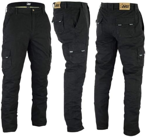 STAR AST Mens Motorcycle Armored Cargo Trouser, Protective Motorbike Riding Jeans with Free Knee & Hip Pads Black