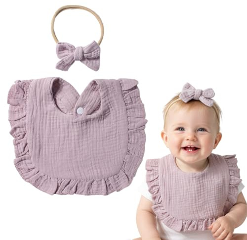 DOKRIN Baby Dribble Bibs, Set bavaglino + fascia per capelli. Bavaglino in morbido cotone, adatto sia ai maschietti che alle femminucce, utilizzabile per disegnare e giocare (viola)