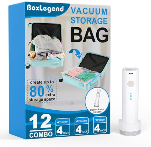 BoxLegend Vakuumbeutel für Kleidung mit Vakuumpumpe, 12 Stück (4x 40x50cm, 4x 40x60cm, 4x 50x70cm), Vakuumbeutel Reise Organizer Set, Vakuum Reisebeutel für Koffer Reise
