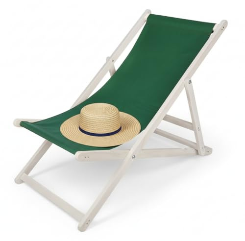 Mucola Strandstuhl Liegestuhl klappbar Holz 3-Fach verstellbar Grün | Atmungsaktiver Polyester, Massivholz-Gestell, Sicherung gegen ungewolltes Zusammenklappen, luftig, Campingstuhl, Garten, Pool