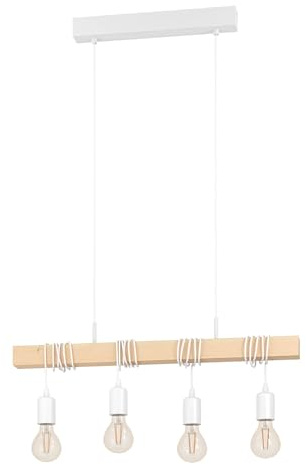 Eglo lámpara de techo Townshend, lámpara de techo vintage de 4 focos en diseño industrial, lámpara colgante retro de acero y madera, color blanco, marrón, portalámparas E27