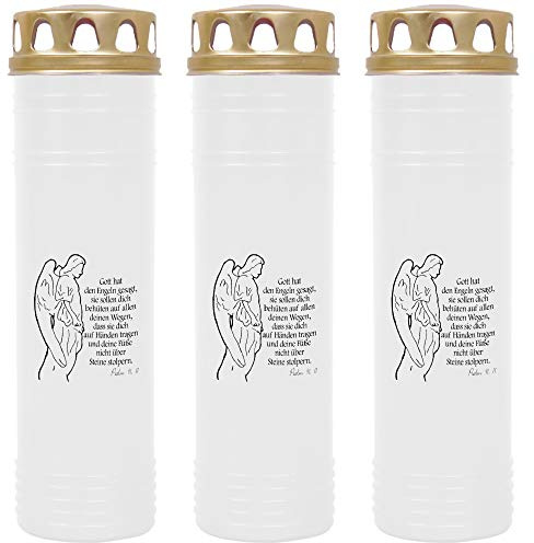 HS Candle Grabkerze - 3er Pack - (Weiß) Grablicht ca. 7 Tage Brenndauer je Kerze - Motiv: Engel
