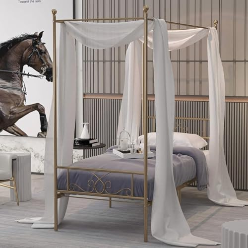 Weehom Twin Canopy Bed Frame with Headboard and Footboard, 4 Posters Metal Bed Frame, No Box Spring Needed, Mattress Foundation Platform Bed for Kids and Adults, Gold
