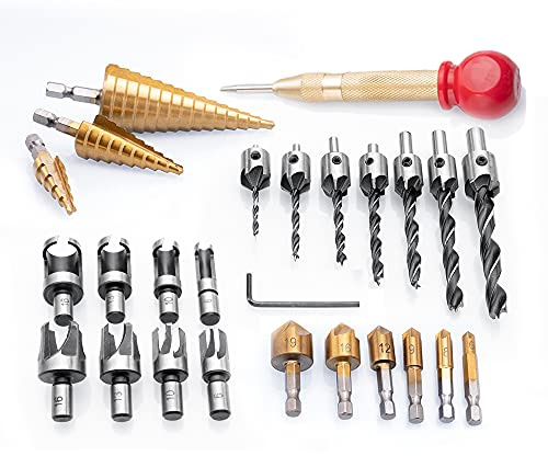 Loboo Idea 26 Stück / Set Bohrwerkzeuge, einschließlich 6 Senkbohrer, 7 Dreipunktbohrer, 1 L-Schraubenschlüssel, 8 Holzstopfenschneider, 4-Stufen-Bohrer-Set
