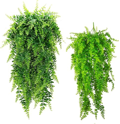 GBESTWOOW Lot de 2 fougères de Boston artificielles en rotin Persan à Suspendre, Plantes d'extérieur résistantes aux UV, Plantes en Plastique pour Mur, décoration de fête de Mariage