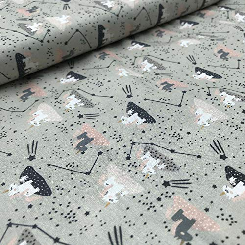 Kt KILOtela - Patchworkstoff - Baumwollstoff - 140 cm Breite - Meterware ab 0,5 m - Preis Gilt für 50 cm | Einhörner und Sterne - Grau, Pink