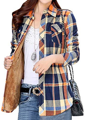 Camisa de Cuadros para Mujer Botones Camisetas Otoño Invierno Caliente Franela Manga Larga Casual Oficina Básico Tops Estilo H 42
