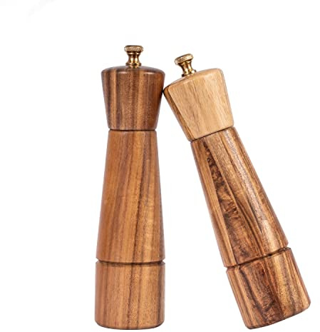 DeroTeno Salt and Pepper Mill Set, Adjustable Ceramic Grinder Salt Mill, Stainless Steel Grinder Pepper Mill, Acacia Wood, 22 cm Height, Bottom Dia 5.5 cm (Tray is NOT Included)