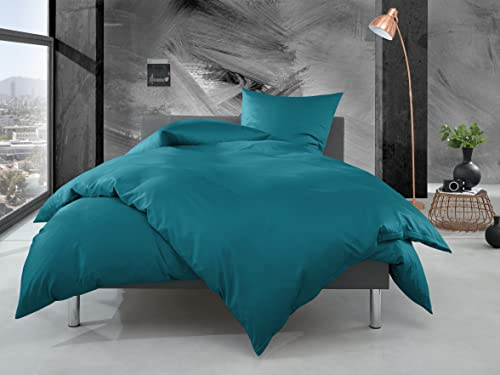 Bettwaesche-mit-Stil Mako Perkal Bettwäsche Uni einfarbig Petrol blau (Garnitur 135x200 + 80x80 cm)