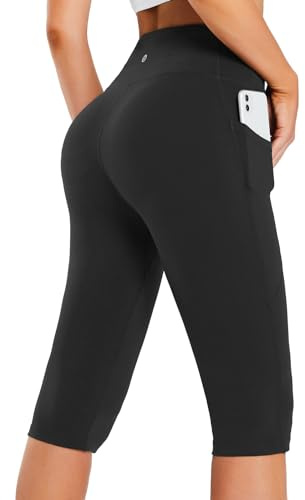 baleaf Capri Leggings for Women High Waisted Capri Pants with Pockets Knee Length Yoga Workout Casual Exercise Black S