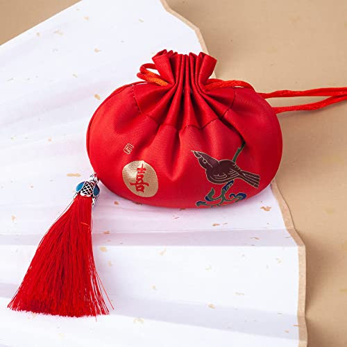 qbodp 4 Pcs-Duftsäckchen Säckchen,Bestickte Beutel,Geschenkbeutel Mit Kordelzug,Leerer Duftbeutel Mit Quaste,Rot,3 × 5 Zoll