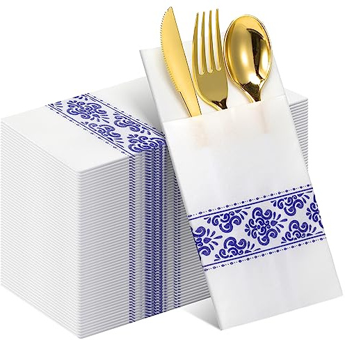 Qilery 100 Pack White Pocket Napkins Blue Floral Disposable Airlaid Paper Napkins with Built-in Flatware Pocket for Dinner and Wedding