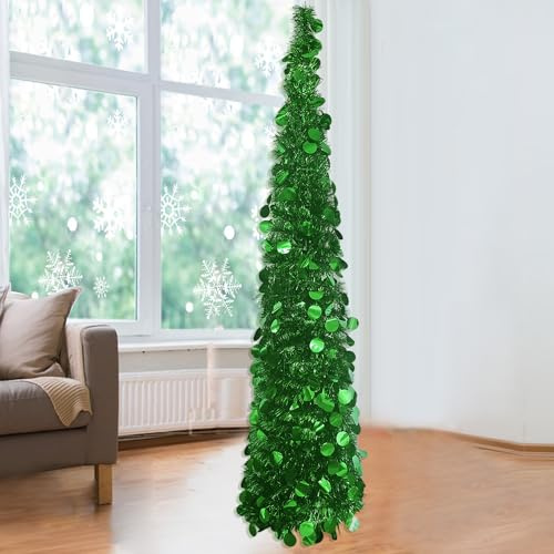 Zusammenklappbarer Lametta-Baum, 1,5 m, grüner Pop-Up-künstlicher Weihnachtsbaum mit einfacher Montage Ständer für Feiertage, Weihnachtsdekorationen, Heimdekoration, Bürodekoration, Innen- und