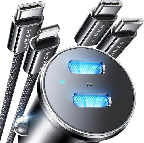 LISEN 90W USB C Car Charger Fast Charging for iPhone 17 Car Charger USB C Fast Charge, Type C Car Charger for iPhone 17 Pro Max 16 15 14 13 12 11,for Samsung S26 S25[Lighning&USB-C] RV Power Adapters