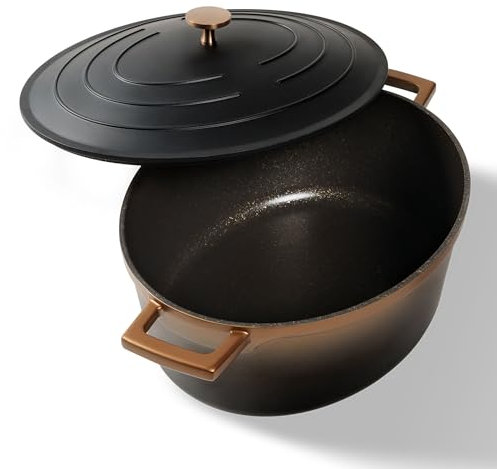 STONELINE Cocotte Induction avec Couvercle 32 cm, 6,6 L, Casserole Antiadhésive Revêtement avec de vraies Particules de Pierre, Braisière Marmite pour Tous Feux et Four, Couleur : Noir/Or Rose