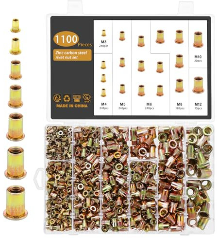 Gueenky 1100 Pezzi Dadi Rivetti Filettati in Acciaio Carbonio Zincato, M3 M4 M5 M6 M8 M10 M12 Dadi Filettati con Testa Piatta, Assortimento dadi Inserti Filettati Mobili in Legno