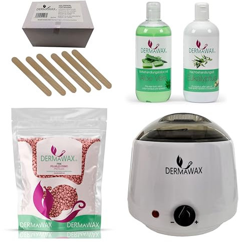 Dermawax Profi vaxset – 1 000 ml vaxredskap – tillverkad i Spanien – 1 kg rosa vaxpärlor – 500 ml aloe vera förbehandlingslotion– 500 ml eukalyptus efterbehandlingsolja 200 stycken träspatlar