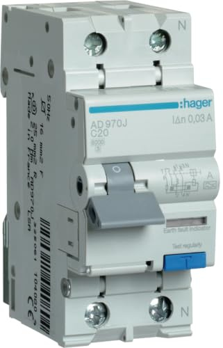 Ad970j Disjoncteur Différentiel Hager 1p+n 20a 30ma 6ka Type A - Neutre à Droite - Auxiliarisable