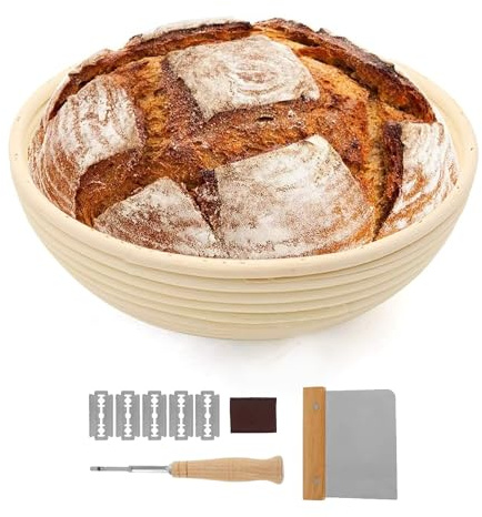 Gärkörbchen, 23cm Brot Gärkörbe für Sauerteig, inklusive Leineneinlage, Metall-Teigschaber, zusätzliche Klingen, Backschüssel für aufgehenden Teig, Geschenke für handwerk